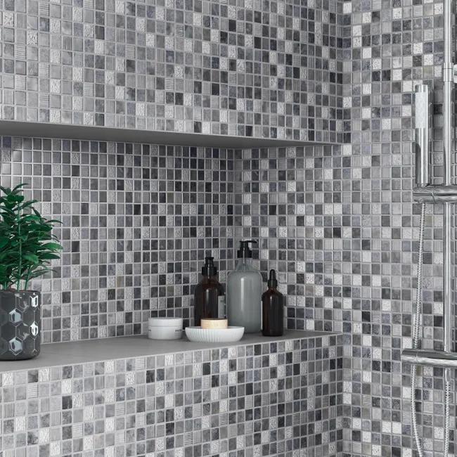 1 plaque de mosaïque sol / mur Mineral travertin effet pierreblanc, gris 30.5 x – Image 4